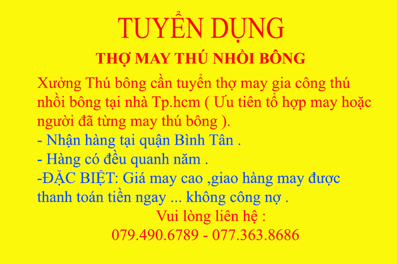 tuyển thợ may gia công thú nhồi bông